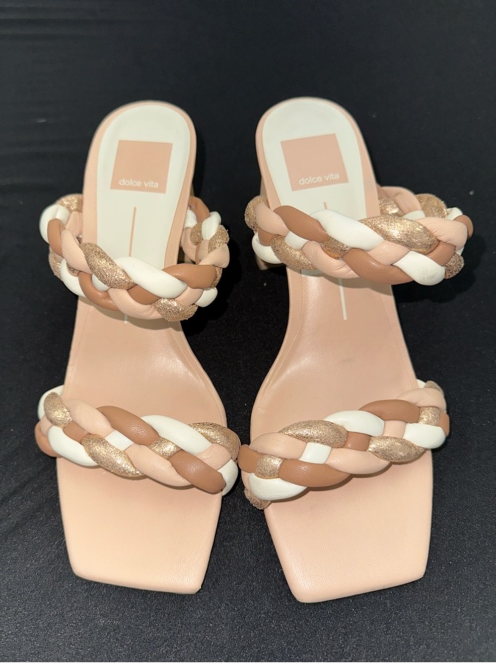 Dolce Vita Braided Strap Block Heel Sandals - Nude White Gold